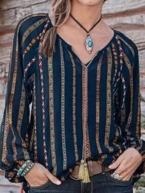 Sundance Womens Black Embroidered Blouse Boho Peasant Stripes Floral Tassels L